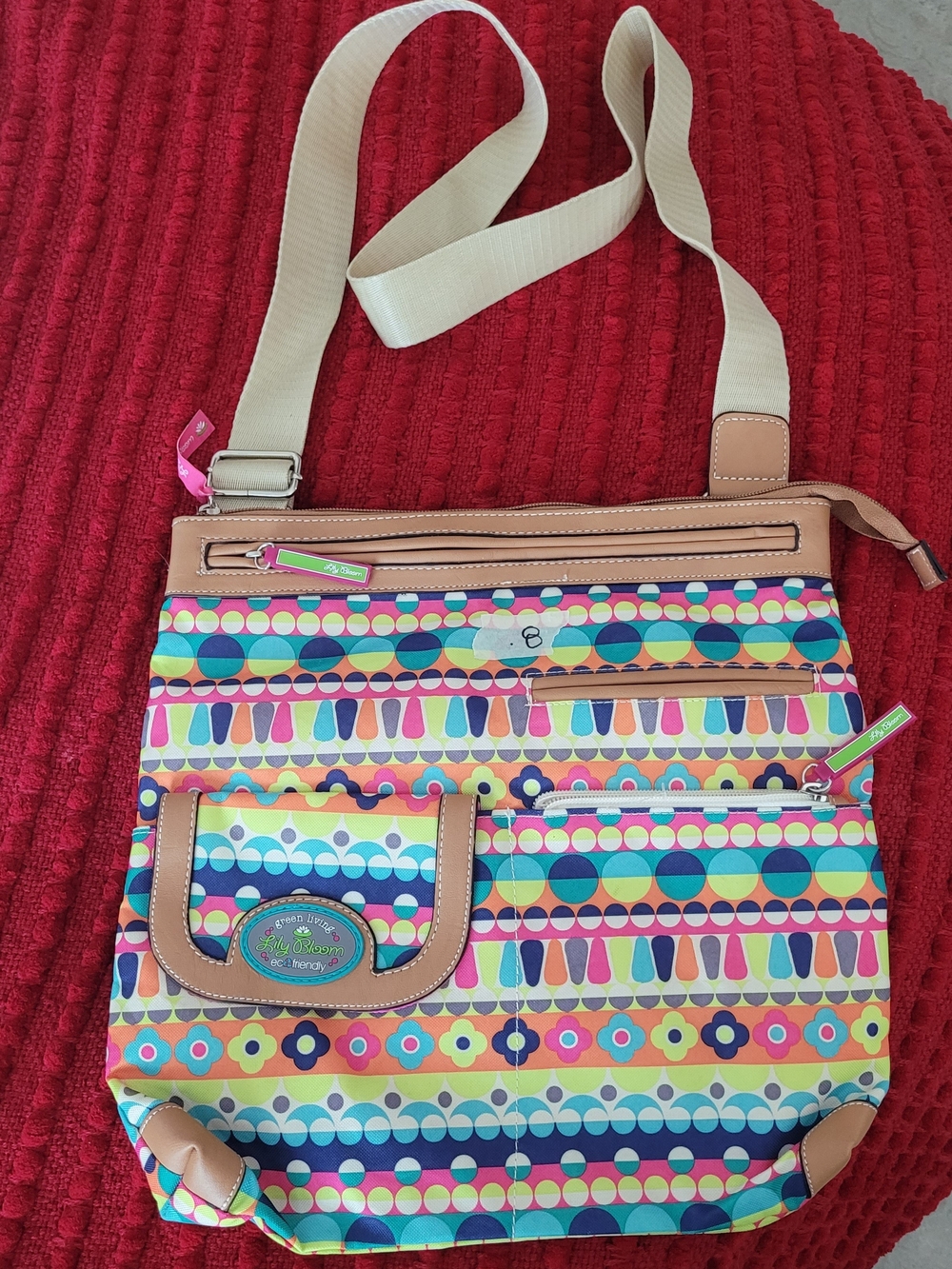 Lilly Bloom Cream-Strap Crossbody with Colorful Geometric Print